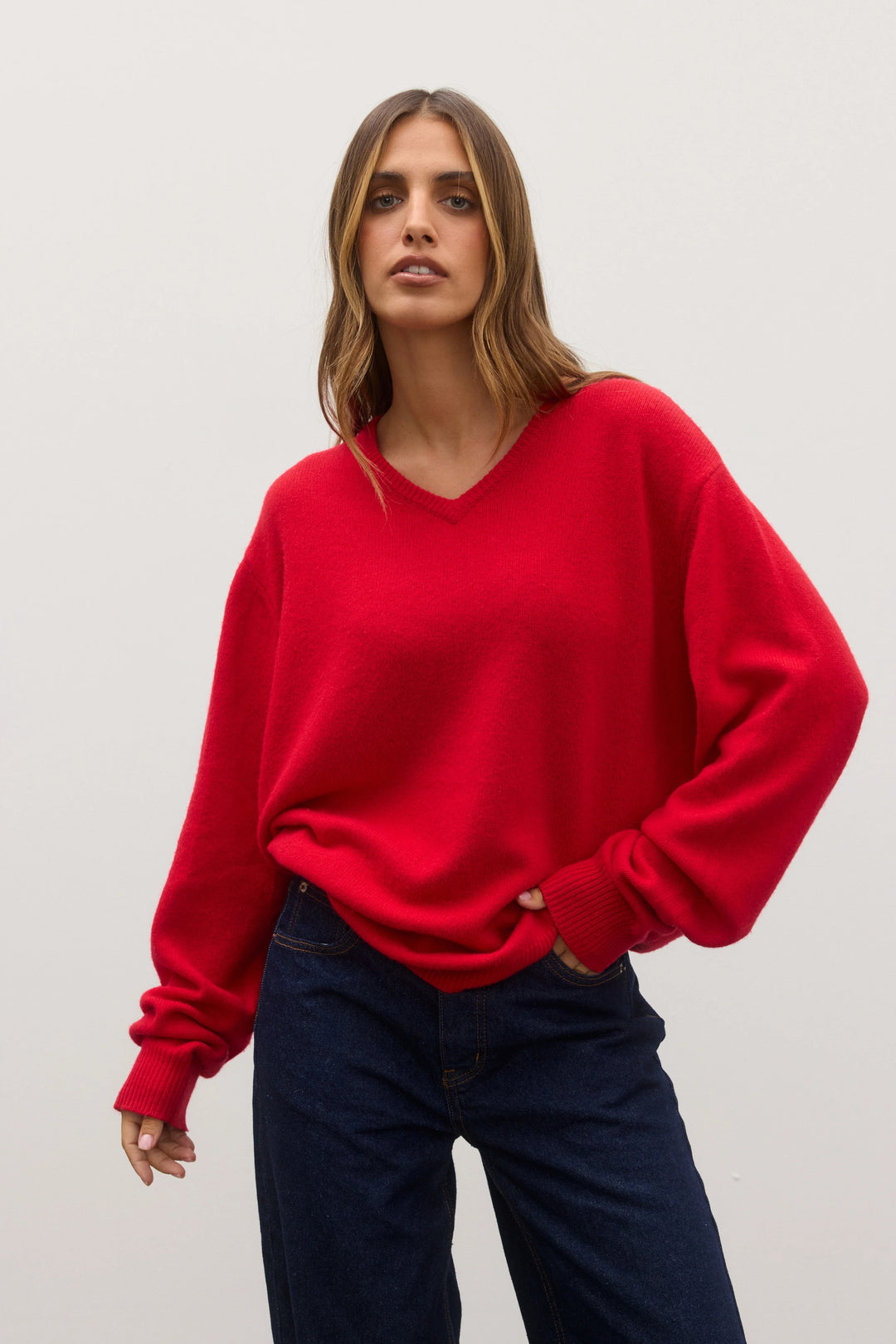BAYSE BRAND Womens Billie V-Neck Sweater in Cherry Red, WOMENS KNITS & SWEATERS, BAYSE BRAND, Elwood 101