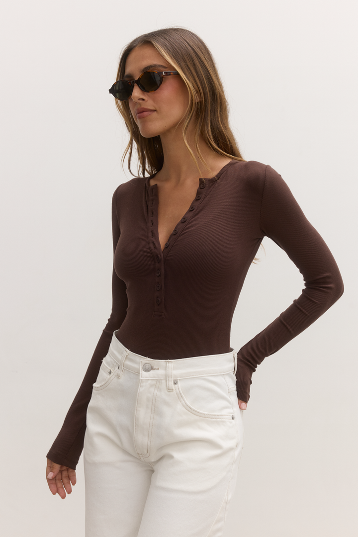BAYSE BRAND Womens Lara Bodysuit in Chocolate, WOMENS BODYSUITS, BAYSE BRAND, Elwood 101