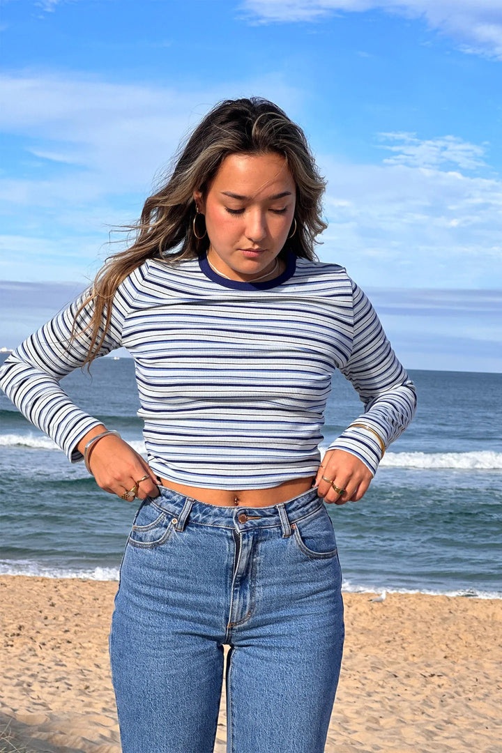 ROLLAS Womens Sky Stripe Long Sleeve Baby Rib Tee Marine, WOMENS TEES & TANKS, ROLLAS, Elwood 101