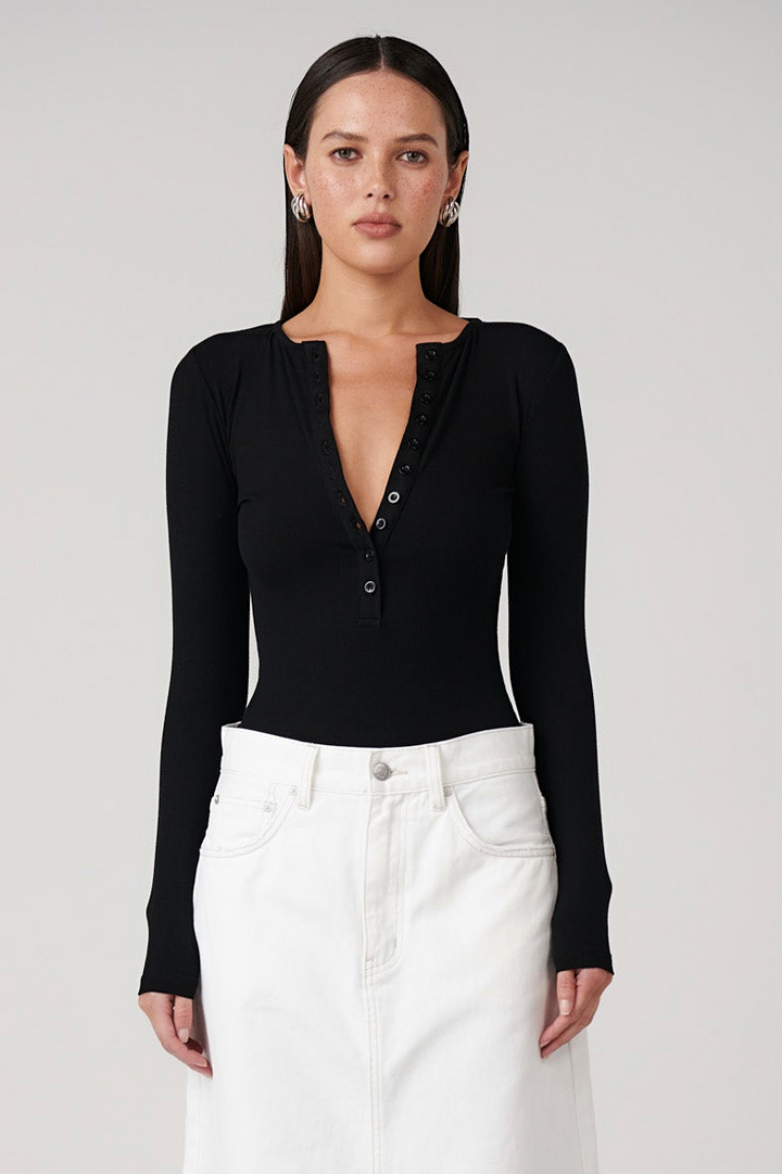 Bayse Brand Womens Lara Long Sleeve Crew Neck Button Down Bodysuit Black, WOMENS BODYSUITS, BAYSE BRAND, Elwood 101