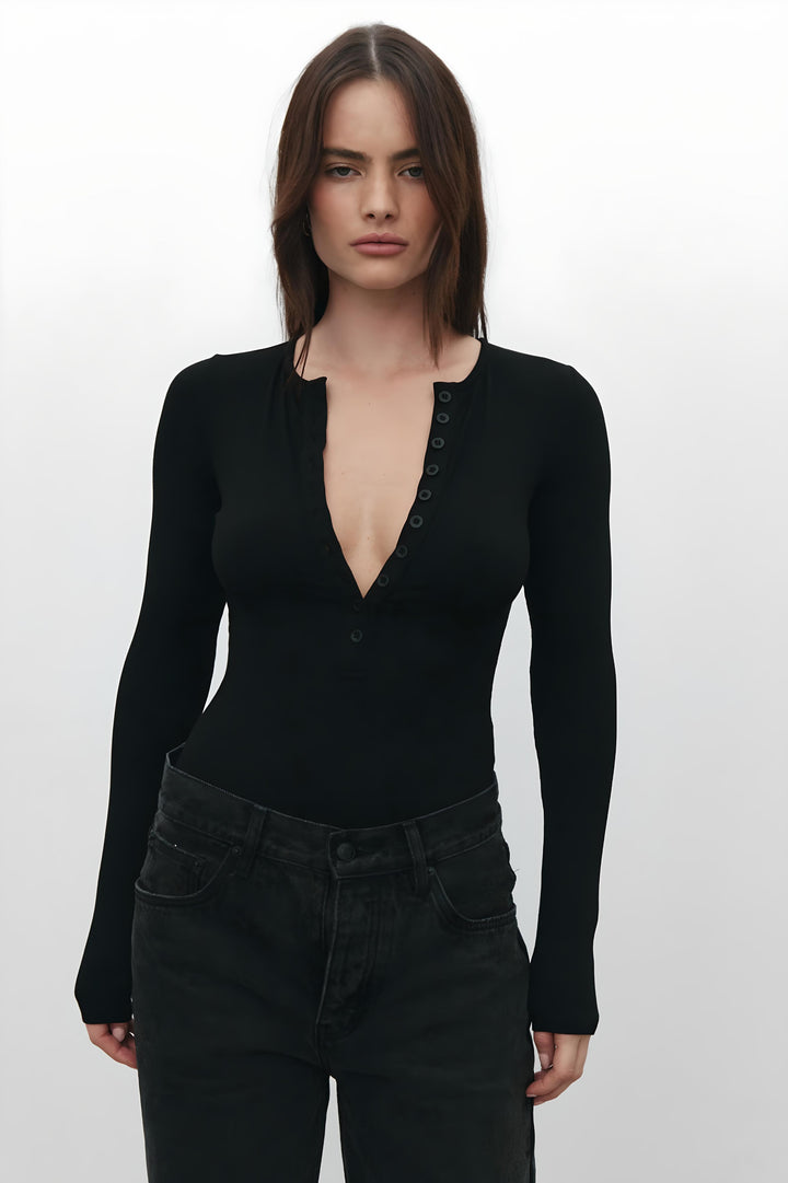 Bayse Brand Womens Lara Long Sleeve Crew Neck Button Down Bodysuit Black, WOMENS BODYSUITS, BAYSE BRAND, Elwood 101