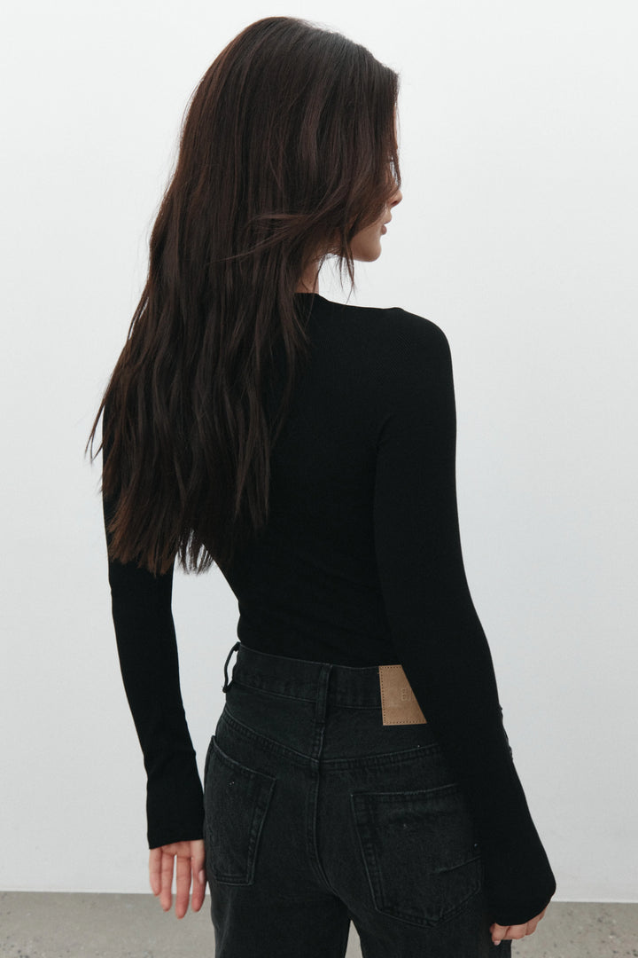 Bayse Brand Womens Lara Long Sleeve Crew Neck Button Down Bodysuit Black, WOMENS BODYSUITS, BAYSE BRAND, Elwood 101