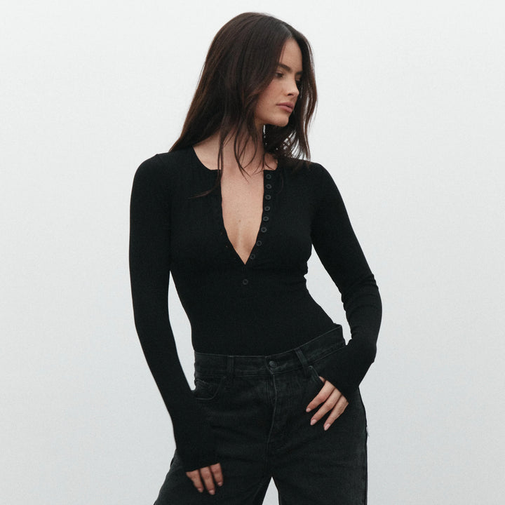 Bayse Brand Womens Lara Long Sleeve Crew Neck Button Down Bodysuit Black, WOMENS BODYSUITS, BAYSE BRAND, Elwood 101