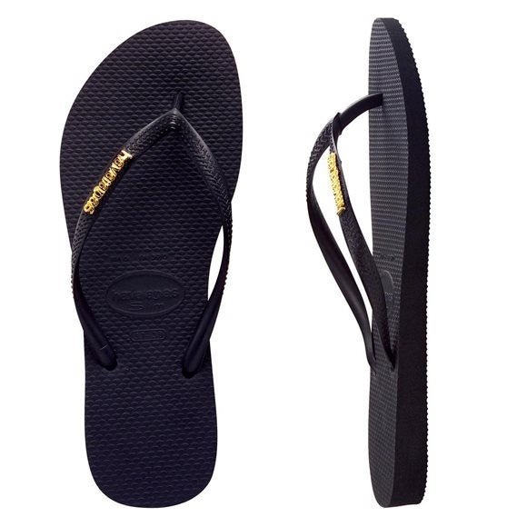 HAVAIANAS  Slim Metal  Logo Black/Gold Female Thongs, HAVAIANAS, HAVAIANAS, Elwood 101