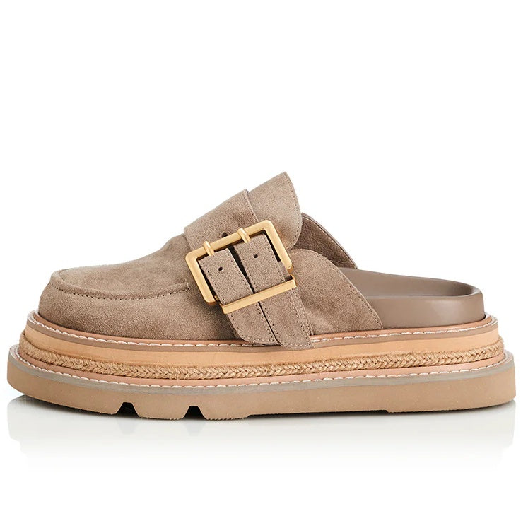 Alias Mae Vella Sandals in natural suede with leather upper, gold buckle, and chunky flatform sole