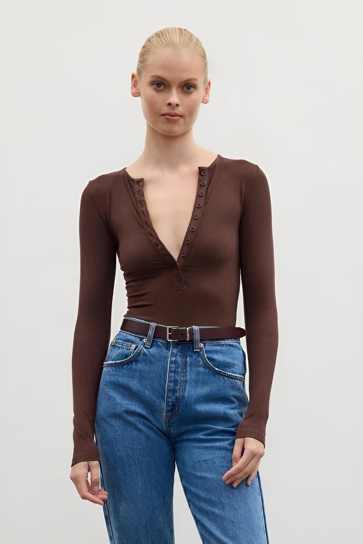 BAYSE BRAND Womens Lara Bodysuit in Chocolate, WOMENS BODYSUITS, BAYSE BRAND, Elwood 101