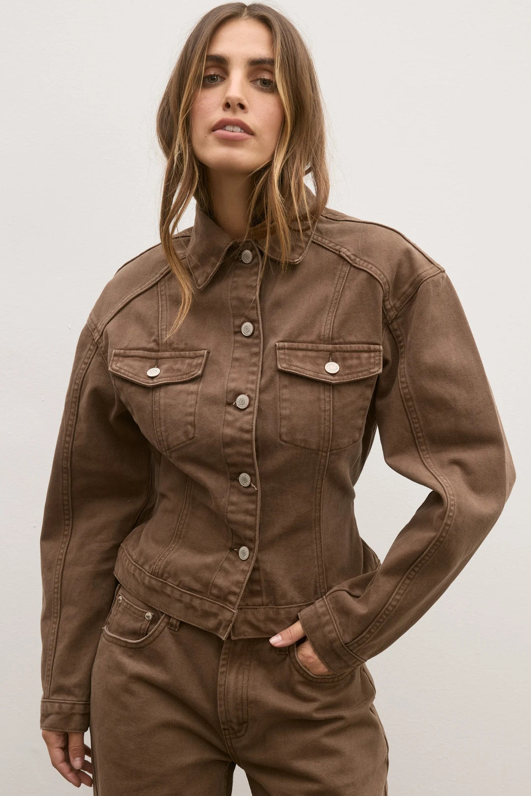 Pre Order BAYSE BRAND Womens Violet Denim Jacket - Chocolate, WOMENS COATS & JACKETS, BAYSE BRAND, Elwood 101