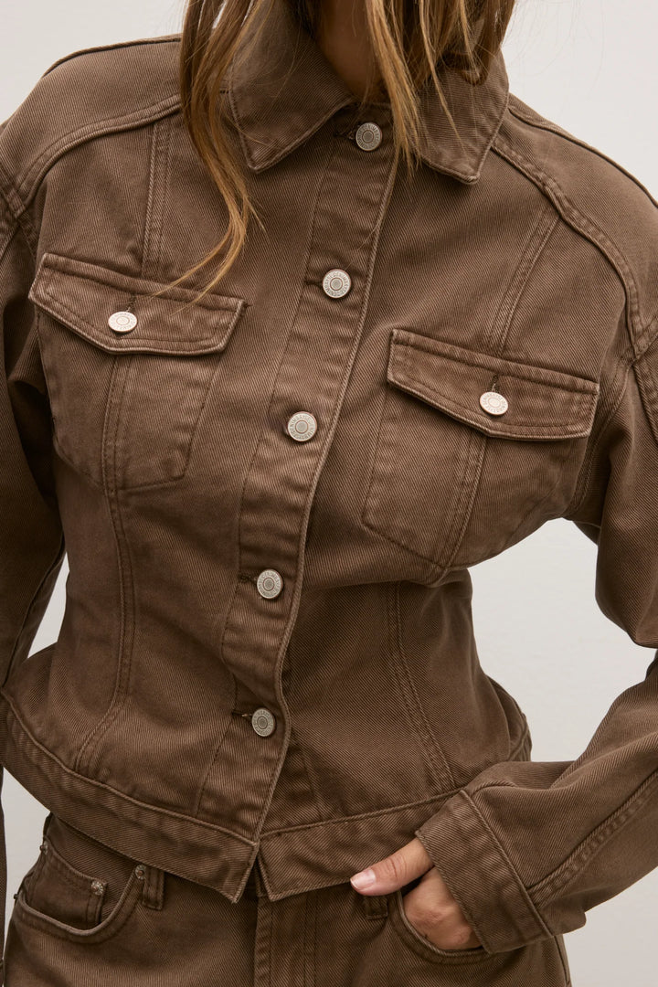 Pre Order BAYSE BRAND Womens Violet Denim Jacket - Chocolate, WOMENS COATS & JACKETS, BAYSE BRAND, Elwood 101