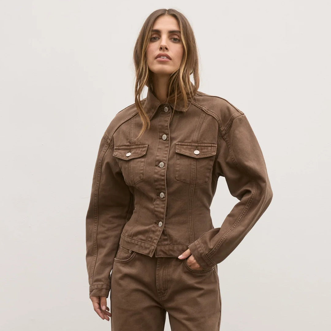 Pre Order BAYSE BRAND Womens Violet Denim Jacket - Chocolate, WOMENS COATS & JACKETS, BAYSE BRAND, Elwood 101