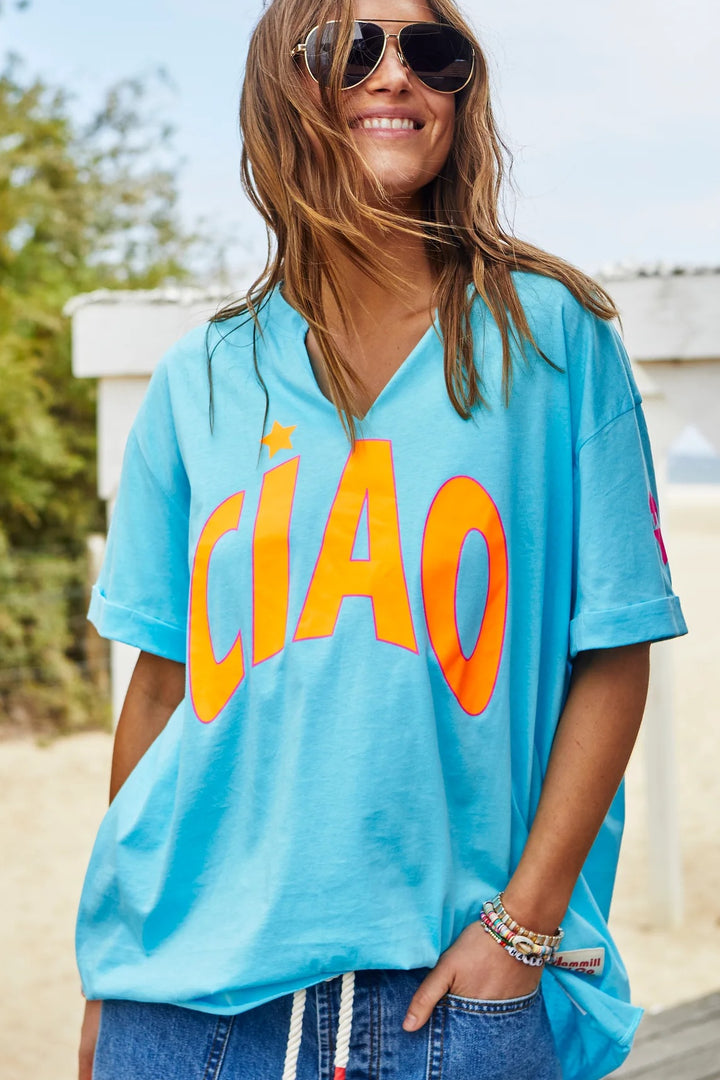 HAMMILL & CO Womens Ciao Aqua V- Neck Tee, WOMENS TEES & TANKS, CAT HAMMILL, Elwood 101