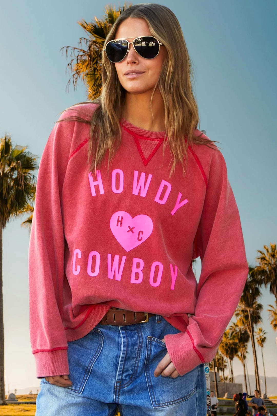 HAMMILL & CO Womens Howdy Cowboy Vintage Wash Sweat - Washed Red, WOMENS KNITS & SWEATERS, CAT HAMMILL, Elwood 101