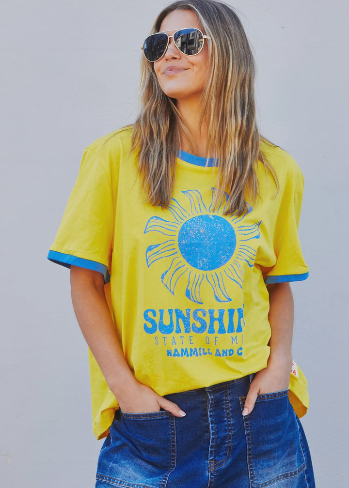 HAMMILL & CO Womens Sunshine State of Mind Ringer Tee in Yellow