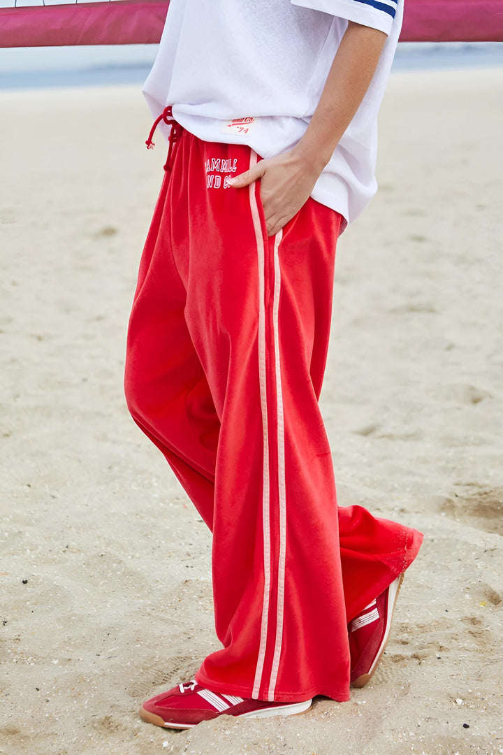 HAMMILL & CO Womens Urban Velour Track Pant in Red with Pink Stripe, WOMENS TRACK PANTS, CAT HAMMILL, Elwood 101
