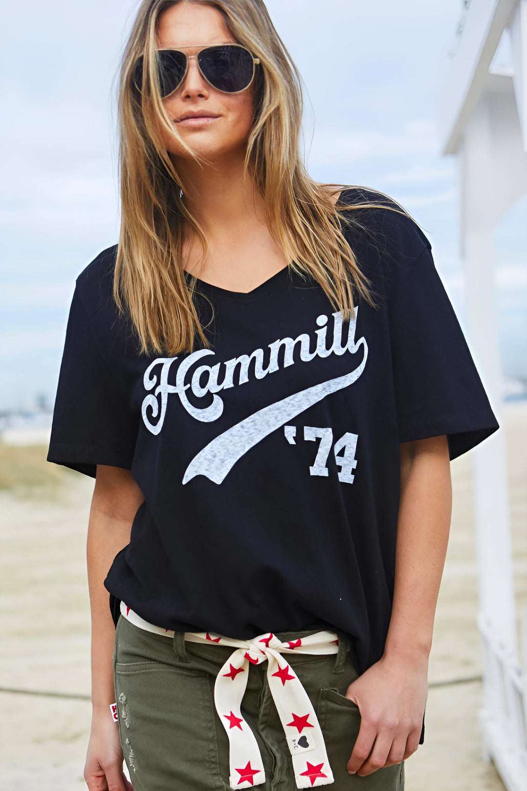 HAMMILL & Co Womens '74 Hammill Logo V Neck Tee in Black, WOMENS TEES & TANKS, CAT HAMMILL, Elwood 101