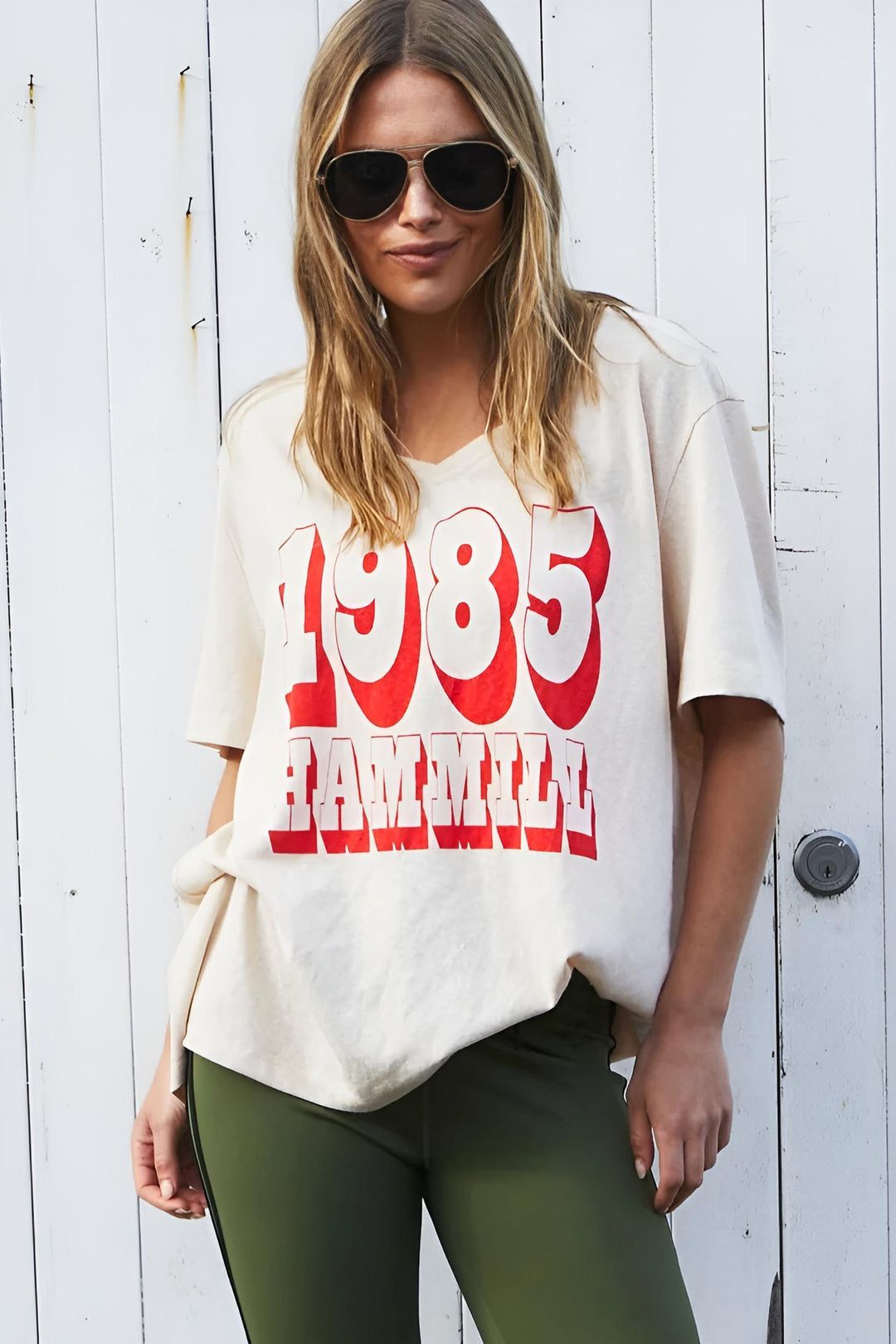 HAMMILL & Co Womens 1985 Hammill Logo V Neck Tee in Natural, WOMENS TEES & TANKS, CAT HAMMILL, Elwood 101