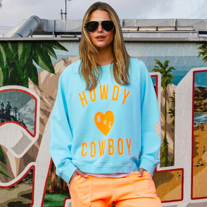 HAMMILL & CO Womens Howdy Cowboy Aqua Sweat, WOMENS KNITS & SWEATERS, CAT HAMMILL, Elwood 101