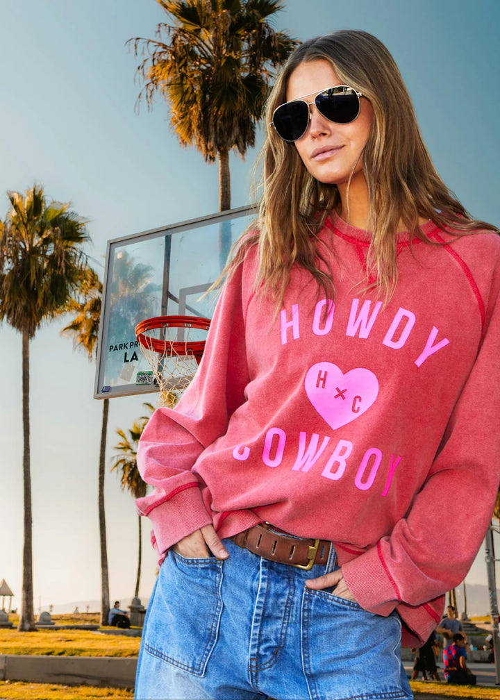 HAMMILL & CO Womens Howdy Cowboy Vintage Wash Sweat - Washed Red, WOMENS KNITS & SWEATERS, CAT HAMMILL, Elwood 101