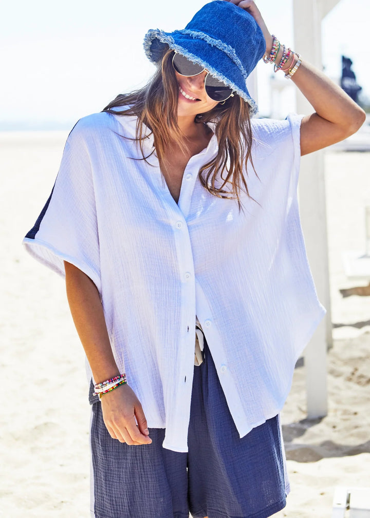 HAMMILL & CO Womens Resort Beach Shirt - White/Navy, WOMENS TOPS & SHIRTS, CAT HAMMILL, Elwood 101