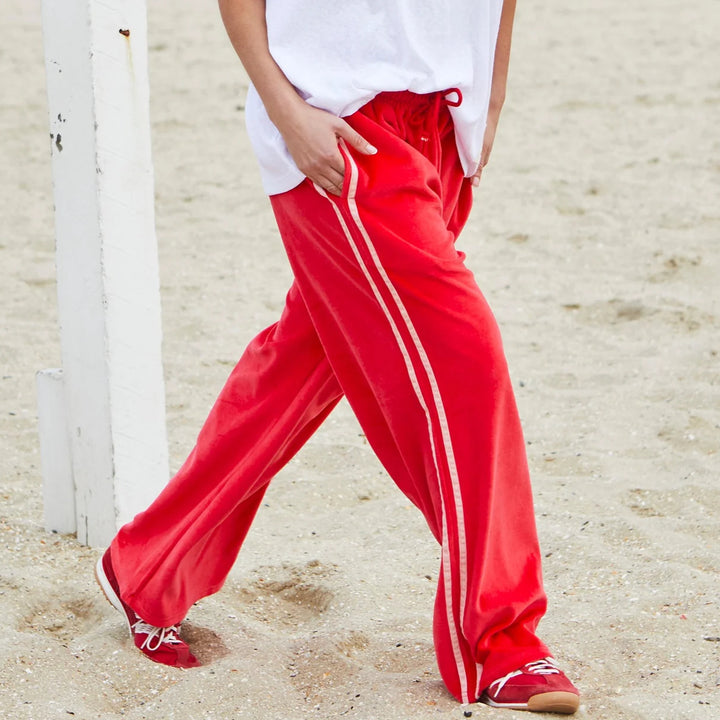 HAMMILL & CO Womens Urban Velour Track Pant in Red with Pink Stripe, WOMENS TRACK PANTS, CAT HAMMILL, Elwood 101