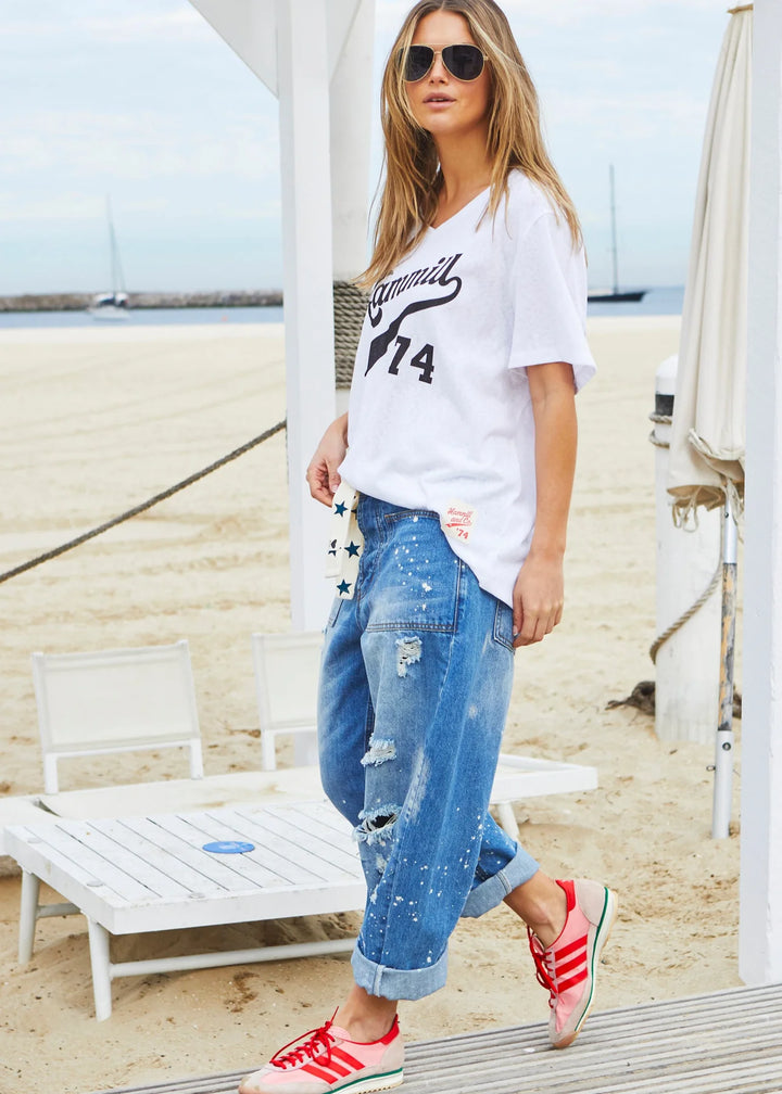 HAMMILL & Co Womens '74 Hammill Logo V Neck Tee in White, WOMENS TEES & TANKS, CAT HAMMILL, Elwood 101