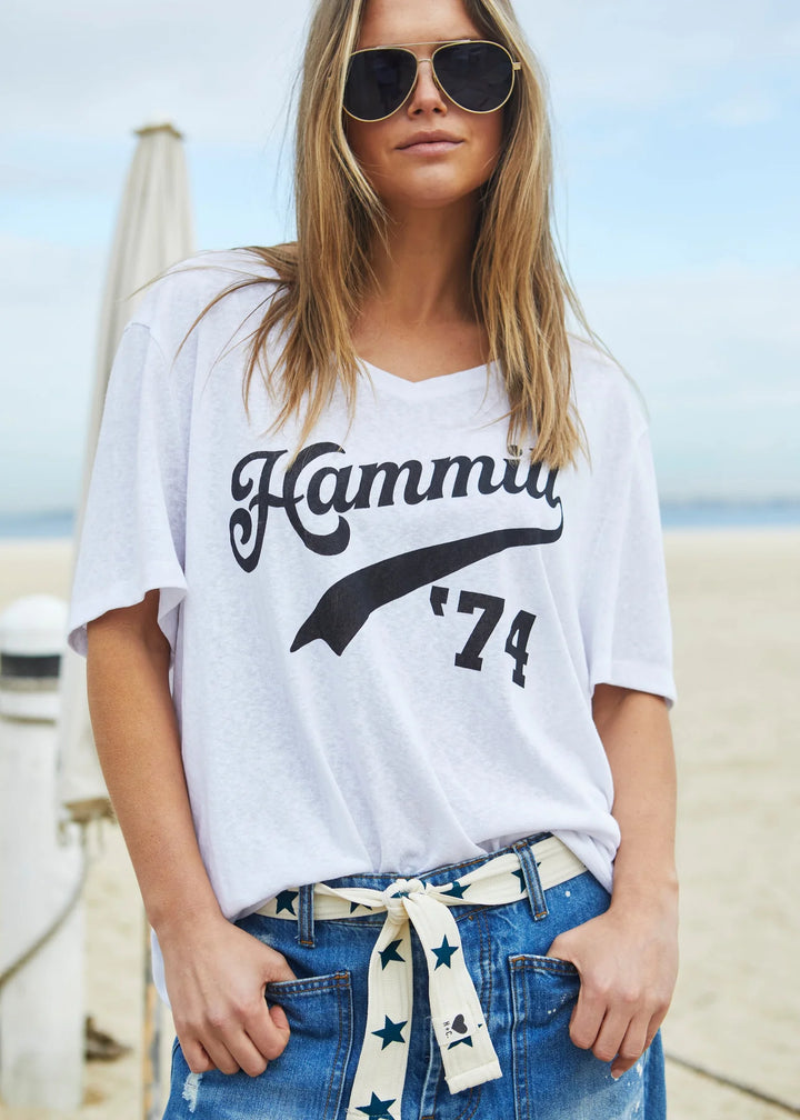HAMMILL & Co Womens '74 Hammill Logo V Neck Tee in White, WOMENS TEES & TANKS, CAT HAMMILL, Elwood 101