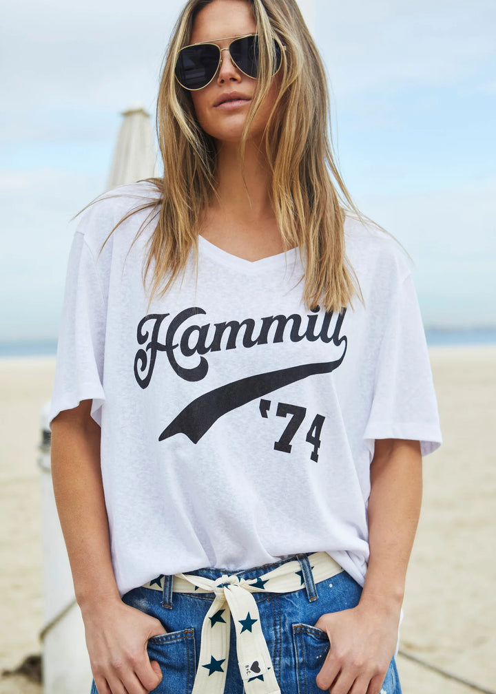 HAMMILL & Co Womens '74 Hammill Logo V Neck Tee in White, WOMENS TEES & TANKS, CAT HAMMILL, Elwood 101