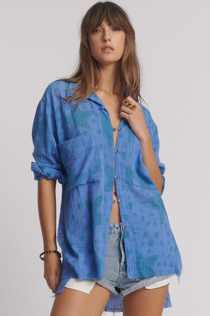 ONE TEASPOON Womens Polka Star Muslin Longline Shirt - Blue, WOMENS TOPS & SHIRTS, OneTeaspoon, Elwood 101
