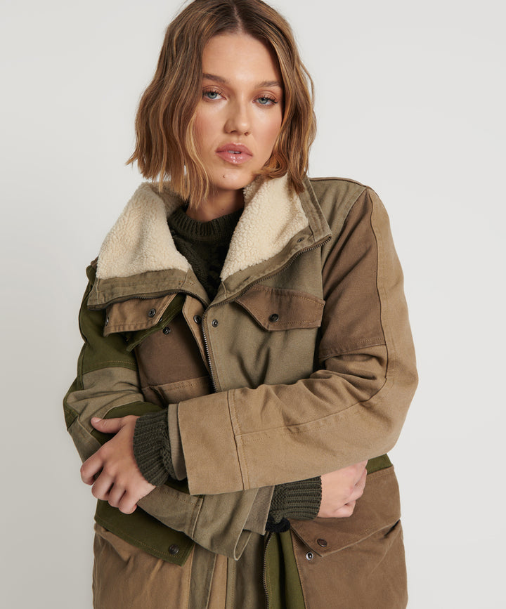 ONE TEASPOON Womens Khaki Patchworked Defender Coat - Khaki, WOMENS COATS & JACKETS, OneTeaspoon, Elwood 101