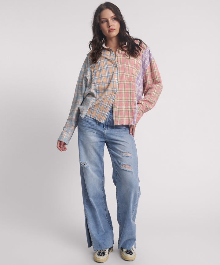 ONE TEASPOON Womens Panelled Flannel Oversized Shirt - Multi Check, WOMENS TOPS & SHIRTS, OneTeaspoon, Elwood 101