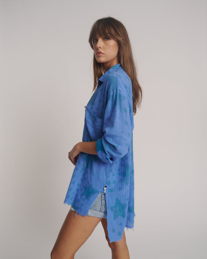 ONE TEASPOON Womens Polka Star Muslin Longline Shirt - Blue, WOMENS TOPS & SHIRTS, OneTeaspoon, Elwood 101