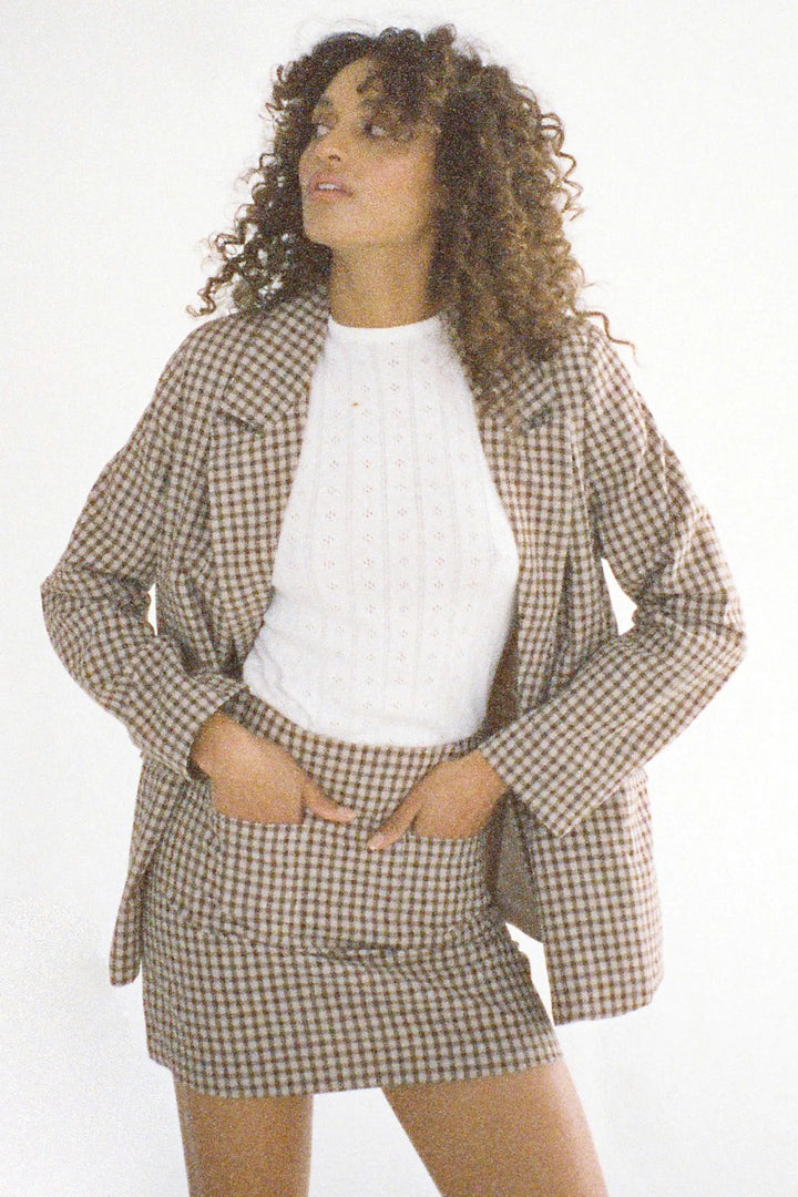 ROLLAS Womens Slouch Blazer Gingham - Khaki, WOMENS COATS & JACKETS, ROLLAS, Elwood 101