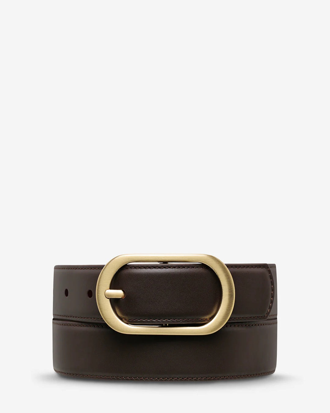 STATUS ANXIETY Womens Final Loop Leather Belt in Choc Nappa/ Gold, WOMENS BELTS, STATUS ANXIETY, Elwood 101