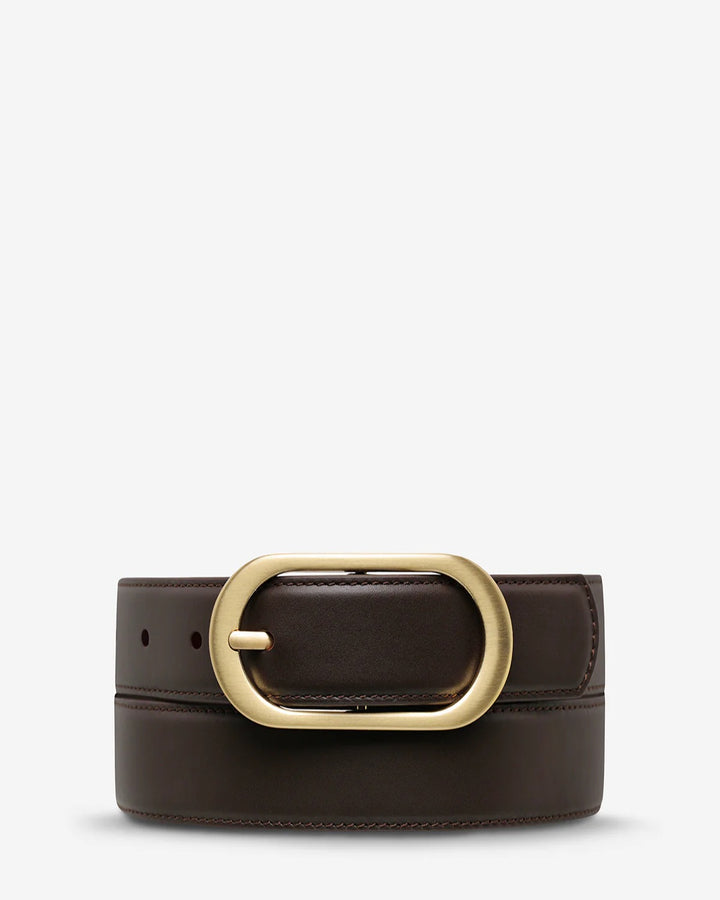 STATUS ANXIETY Womens Final Loop Leather Belt in Choc Nappa/ Gold, WOMENS BELTS, STATUS ANXIETY, Elwood 101