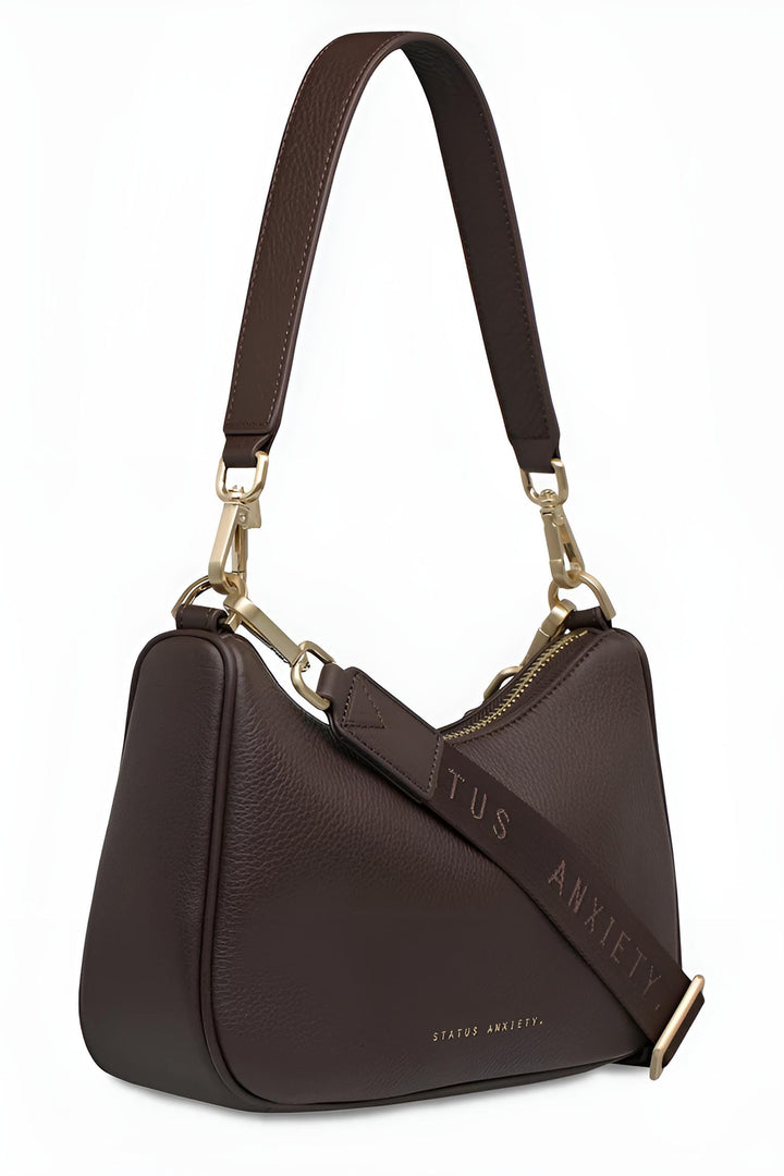 STATUS ANXIETY Womens Look Both Ways Leather Bag in Cocoa w Brushed Gold, WOMENS BAGS & CLUTCHES, STATUS ANXIETY, Elwood 101