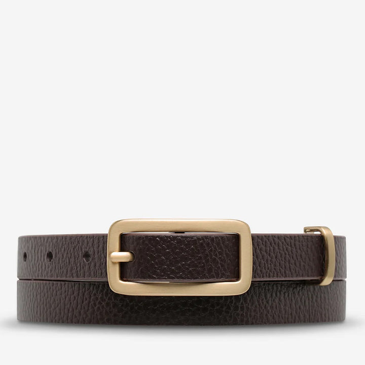 STATUS ANXIETY Womens Muse Leather Belt Choc/Gold, WOMENS BELTS, STATUS ANXIETY, Elwood 101