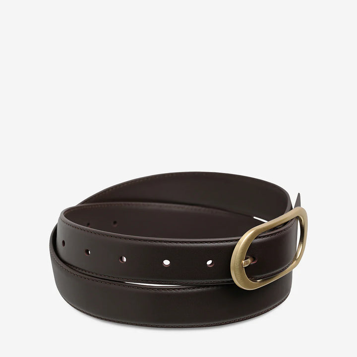 STATUS ANXIETY Womens Final Loop Leather Belt in Choc Nappa/ Gold, WOMENS BELTS, STATUS ANXIETY, Elwood 101