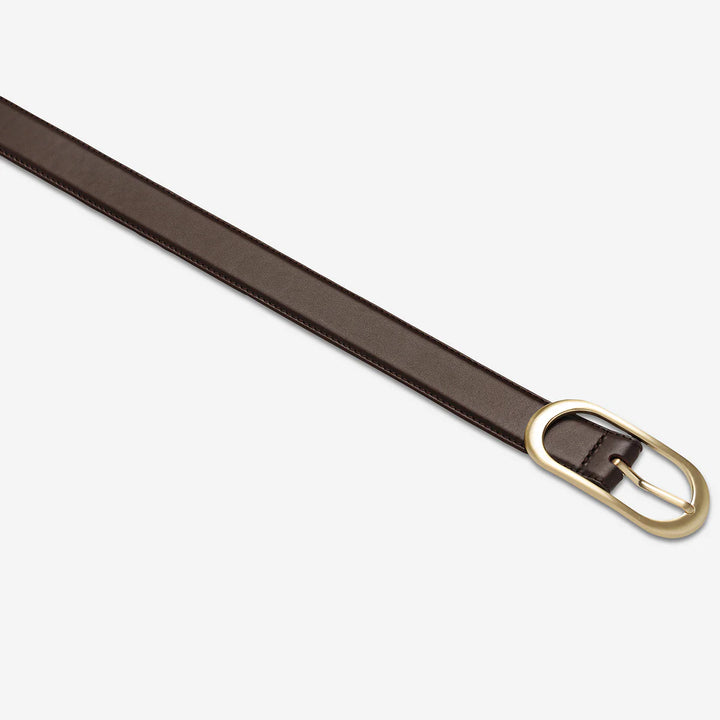 STATUS ANXIETY Womens Final Loop Leather Belt in Choc Nappa/ Gold, WOMENS BELTS, STATUS ANXIETY, Elwood 101