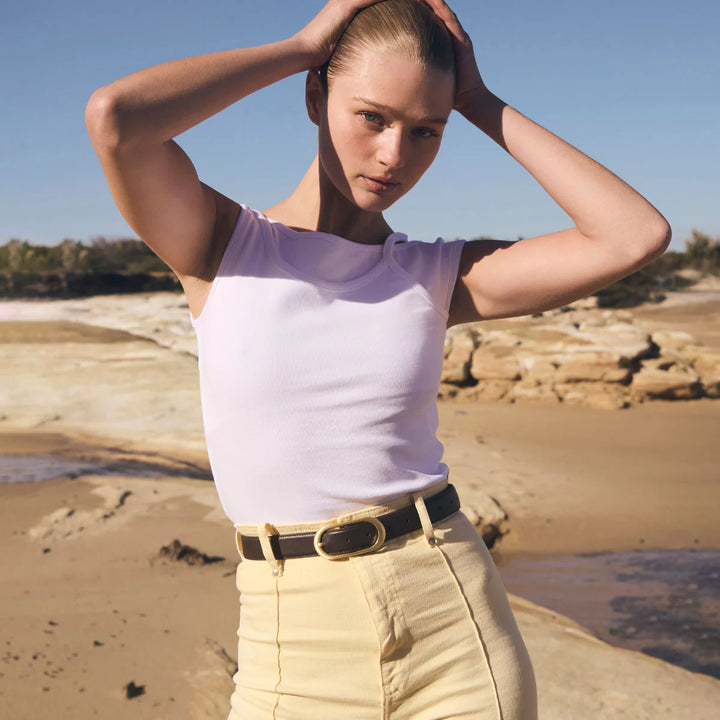 STATUS ANXIETY Womens Final Loop Leather Belt in Choc Nappa/ Gold, WOMENS BELTS, STATUS ANXIETY, Elwood 101