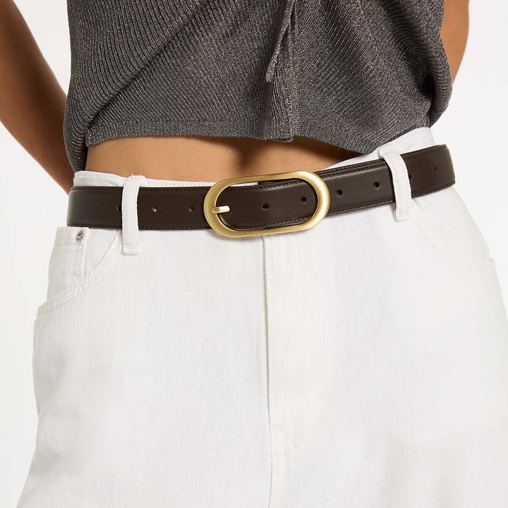 STATUS ANXIETY Womens Final Loop Leather Belt in Choc Nappa/ Gold, WOMENS BELTS, STATUS ANXIETY, Elwood 101