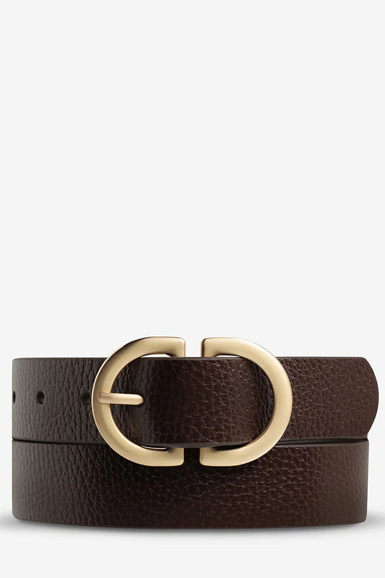 STATUS ANXIETY Womens In Reverse Leather Belt - Choc / Gold, WOMENS BELTS, STATUS ANXIETY, Elwood 101