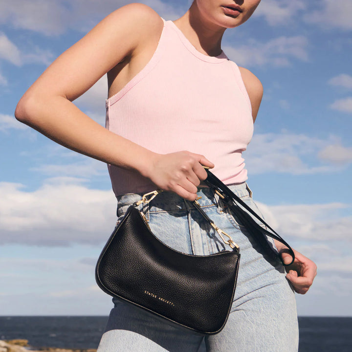 STATUS ANXIETY Womens Look Both Ways Leather Bag in Black w Brushed Gold, WOMENS BAGS & CLUTCHES, STATUS ANXIETY, Elwood 101