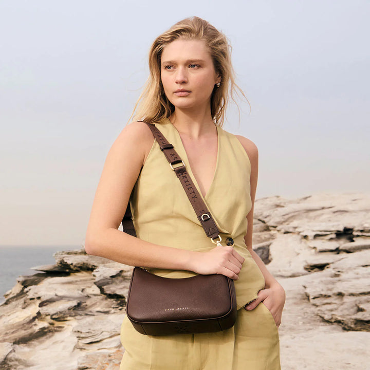 STATUS ANXIETY Womens Look Both Ways Leather Bag in Cocoa w Brushed Gold, WOMENS BAGS & CLUTCHES, STATUS ANXIETY, Elwood 101