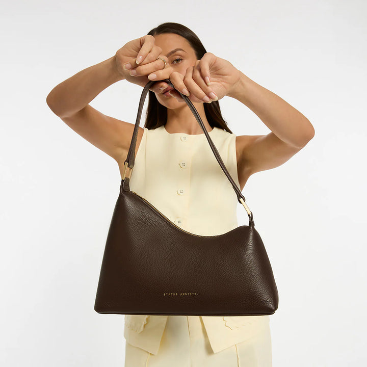 STATUS ANXIETY Womens Reverie Leather Bag in Cocoa w Brushed Gold, WOMENS BAGS & CLUTCHES, STATUS ANXIETY, Elwood 101