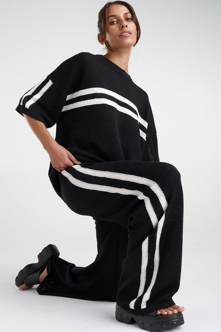 SUMMI SUMMI Womens Knit Pants - Black w Cream Stripe, WOMENS PANTS, SUMMI SUMMI, Elwood 101