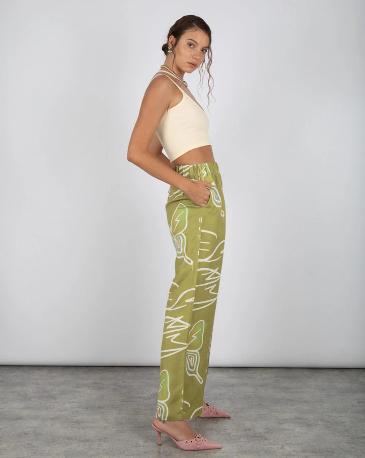 SUMMI SUMMI Womens Linen Pants - Graffiti Butterfly Khaki, WOMENS PANTS, SUMMI SUMMI, Elwood 101