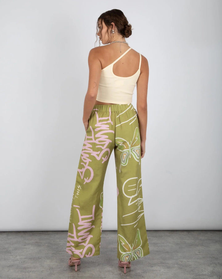 SUMMI SUMMI Womens Linen Pants - Graffiti Butterfly Khaki, WOMENS PANTS, SUMMI SUMMI, Elwood 101