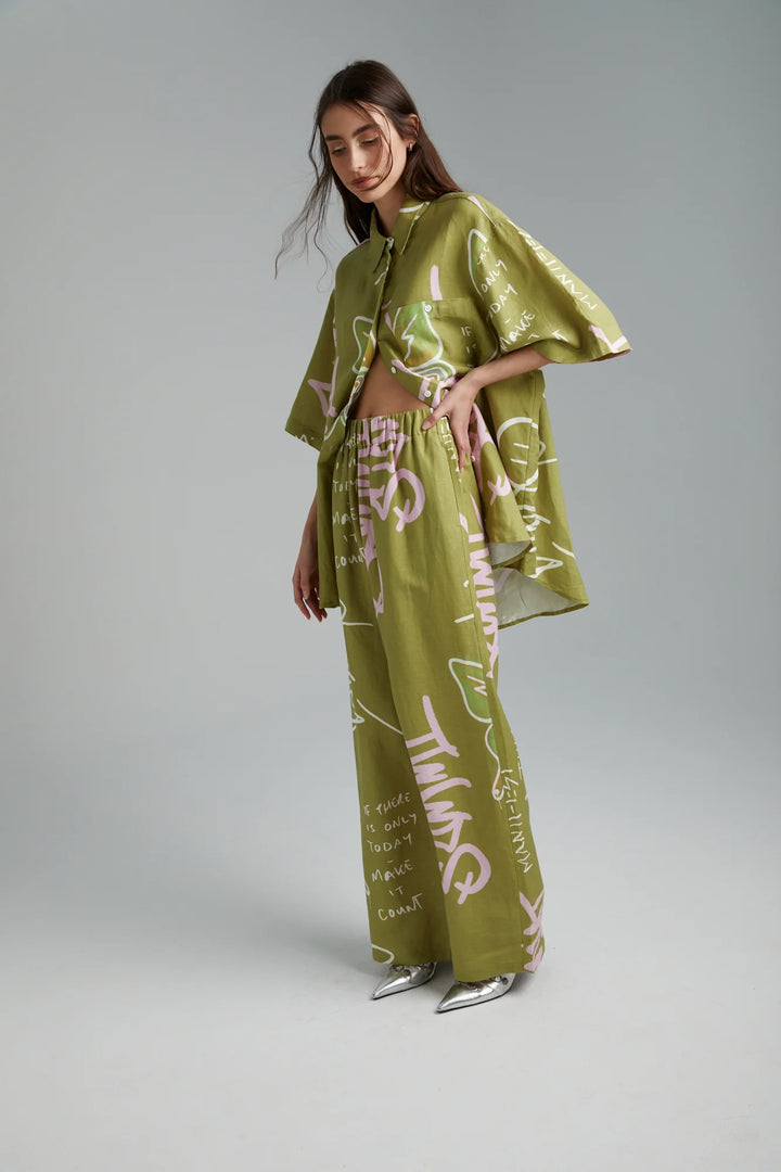 SUMMI SUMMI Womens Linen Pants - Graffiti Butterfly Khaki, WOMENS PANTS, SUMMI SUMMI, Elwood 101