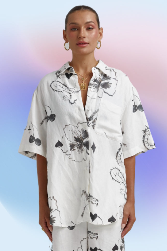 SUMMI SUMMI Womens Big Shirt Linen - Black Dragon Of Hearts, WOMENS TOPS & SHIRTS, SUMMI SUMMI, Elwood 101
