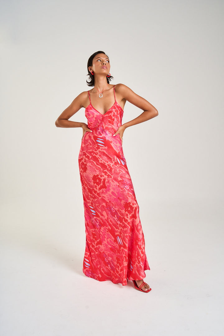 SUMMI SUMMI Womens Siren Maxi Dress in Red Cycloid Print, WOMENS DRESSES, SUMMI SUMMI, Elwood 101