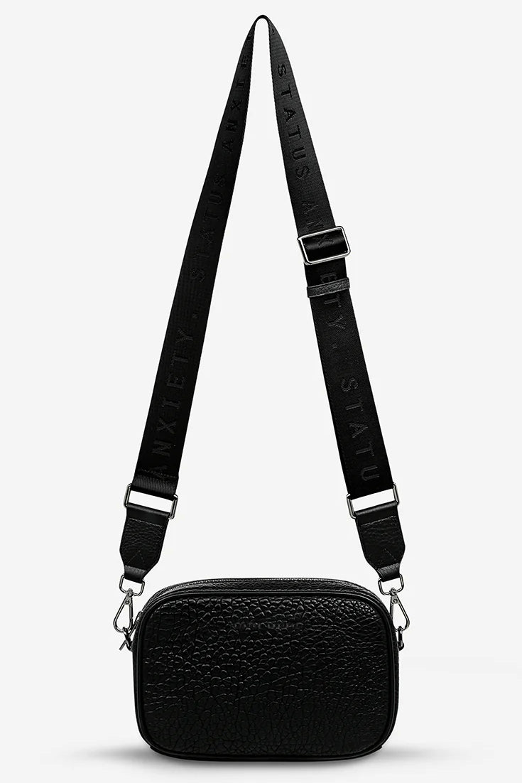 STATUS ANXIETY Womens Plunder Leather Bag with Webbed Strap - Black Bubble, WOMENS BAGS & CLUTCHES, STATUS ANXIETY, Elwood 101